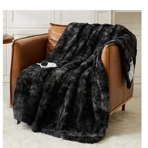 Heated Throw Black Faux Fur Sherpa Blanket 50x60” 10 Heat Levels Auto On/Off